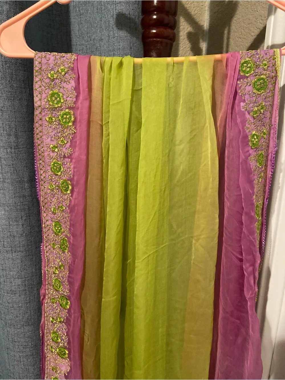 Indian Women's Sheer Pink and Lime Green Scarf Dupatta Wrap Shawl Embroidered